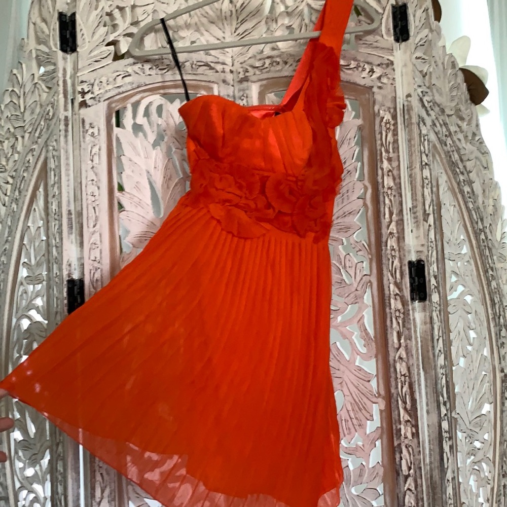 Orange Bebe Silk Toga Pleated Cocktail Dress